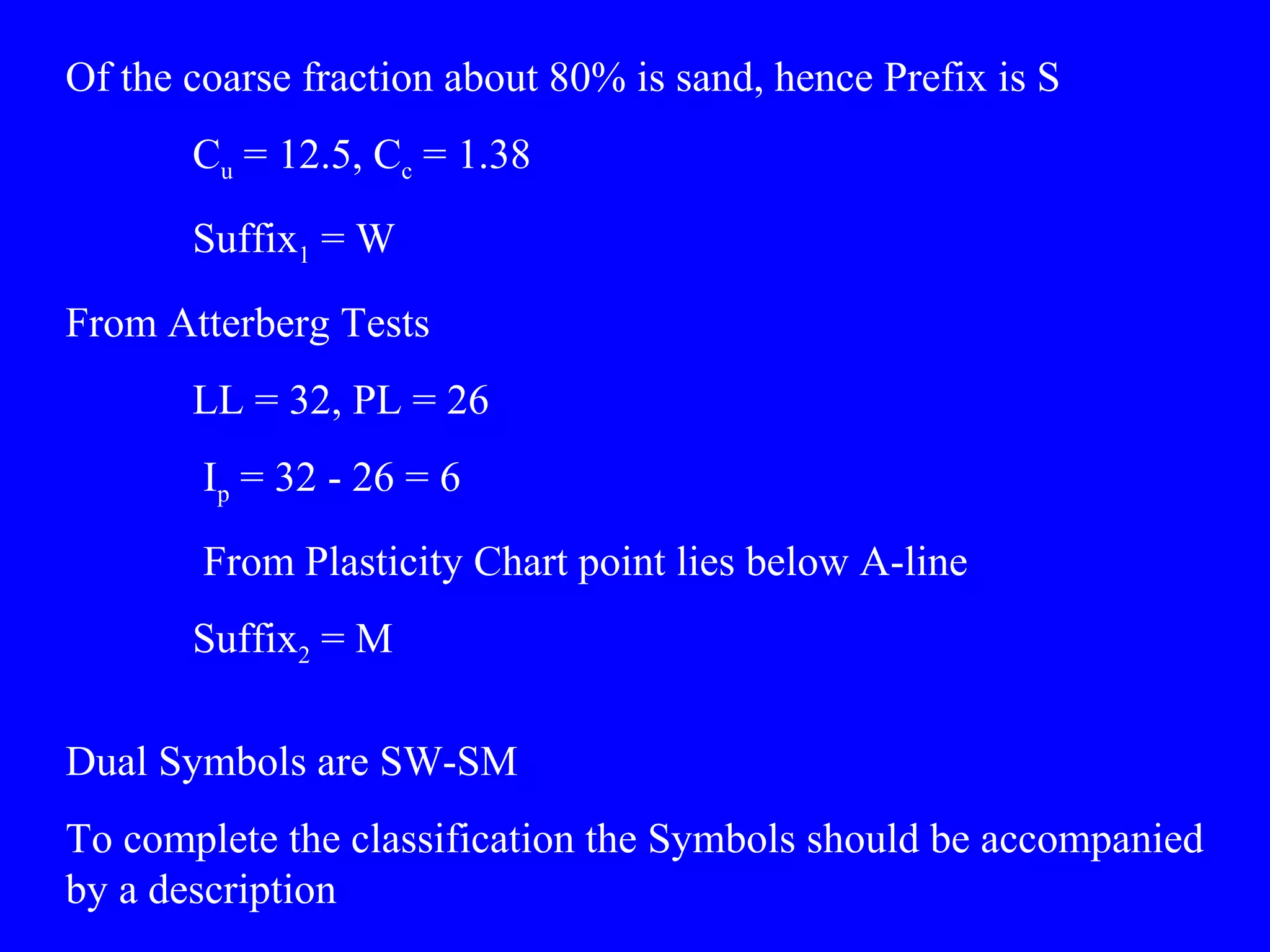 Of the coarse fraction about 80% is sand, hence Prefix is S
Cu = 12.5, Cc = 1.38
Suffix1 = W
From Atterberg Tests
LL = 32, PL = 26
Ip = 32 - 26 = 6
From Plasticity Chart point lies below A-line
Suffix2 = M
Dual Symbols are SW-SM
To complete the classification the Symbols should be accompanied
by a description
 