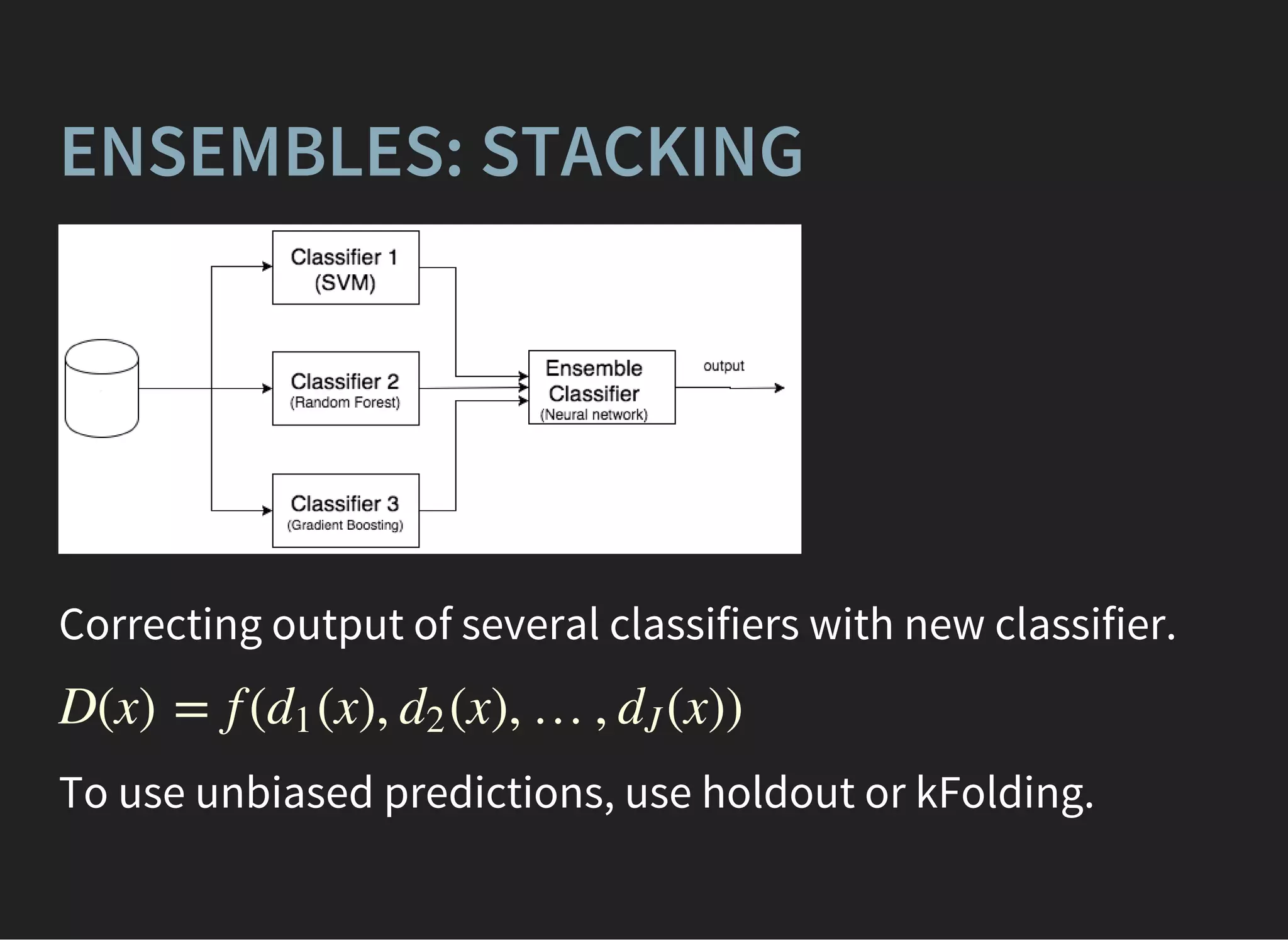 ENSEMBLES: STACKING
Correcting output of several classifiers with new classifier.
D(x) = f ( (x), (x), …, (x))d1 d2 dJ
To use unbiased predictions, use holdout or kFolding.
 