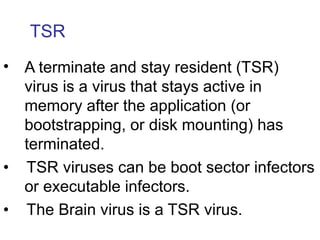 TSR
• A terminate and stay resident (TSR)
virus is a virus that stays active in
memory after the application (or
bootstrapping, or disk mounting) has
terminated.
• TSR viruses can be boot sector infectors
or executable infectors.
• The Brain virus is a TSR virus.
 