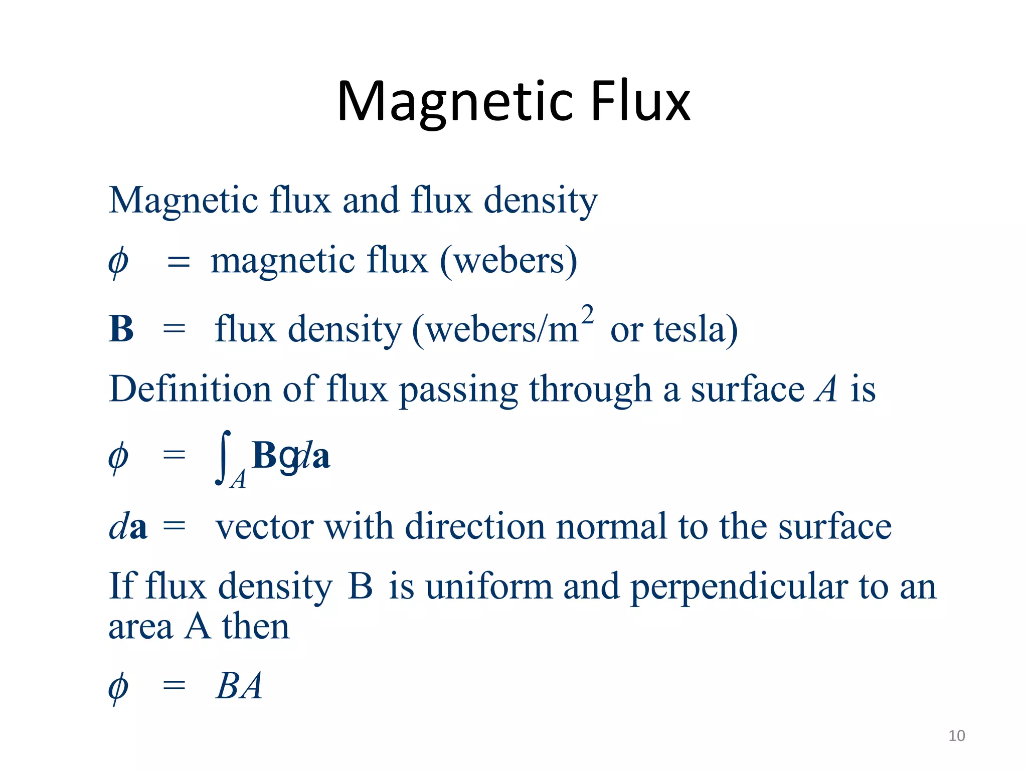 Magnetic Flux
2
Magnetic flux and flux density
magnetic flux (webers)
= flux density (webers/m or tesla)
Definition of flux passing through a surface is
=
= vector with direction normal to the surface
If flux
A
A
d
d
φ
φ
=
∫
B
B a
a
g
density B is uniform and perpendicular to an
area A then
= BAφ
10
 