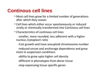 Continous cell lines
• Most cell lines grow for a limited number of generations
after which they ceases
• Cell lines which either occur spontaneously or induced
virally or chemically transformed into Continous cell lines
• Characteristics of continous cell lines
-smaller, more rounded, less adherent with a higher
nucleus /cytoplasm ratio
-Fast growth and have aneuploid chromosome number
-reduced serum and anchorage dependence and grow
more in suspension conditions
-ability to grow upto higher cell density
-different in phenotypes from donar tissue
-stop expressing tissue specific genes
 