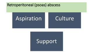 Aspiration Culture
Support
Retroperitoneal (psoas) abscess
 
