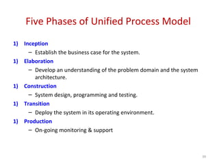 Five Phases of Unified Process Model
1) Inception
– Establish the business case for the system.
1) Elaboration
– Develop an understanding of the problem domain and the system
architecture.
1) Construction
– System design, programming and testing.
1) Transition
– Deploy the system in its operating environment.
1) Production
– On-going monitoring & support
39
 