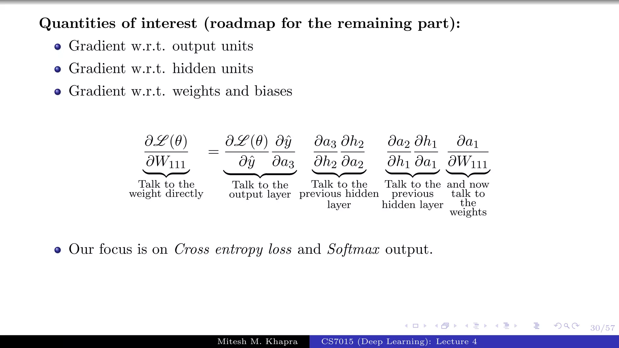 30/57
Quantities of interest (roadmap for the remaining part):
Gradient w.r.t. output units
Gradient w.r.t. hidden units
Gradient w.r.t. weights and biases
∂L (θ)
∂W111
Talk to the
weight directly
=
∂L (θ)
∂ˆy
∂ˆy
∂a3
Talk to the
output layer
∂a3
∂h2
∂h2
∂a2
Talk to the
previous hidden
layer
∂a2
∂h1
∂h1
∂a1
Talk to the
previous
hidden layer
∂a1
∂W111
and now
talk to
the
weights
Our focus is on Cross entropy loss and Softmax output.
Mitesh M. Khapra CS7015 (Deep Learning): Lecture 4
 