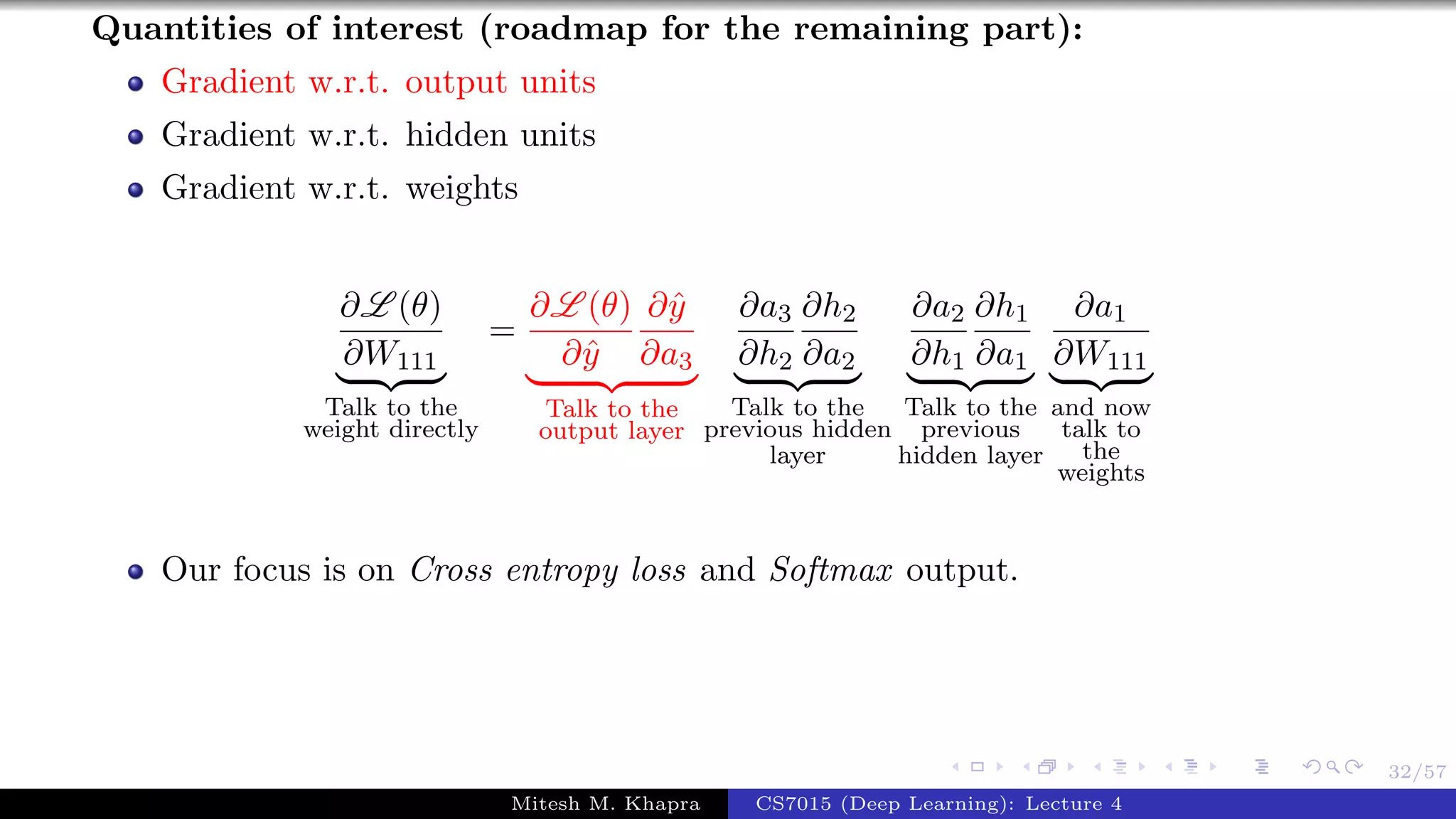 32/57
Quantities of interest (roadmap for the remaining part):
Gradient w.r.t. output units
Gradient w.r.t. hidden units
Gradient w.r.t. weights
∂L (θ)
∂W111
Talk to the
weight directly
=
∂L (θ)
∂ˆy
∂ˆy
∂a3
Talk to the
output layer
∂a3
∂h2
∂h2
∂a2
Talk to the
previous hidden
layer
∂a2
∂h1
∂h1
∂a1
Talk to the
previous
hidden layer
∂a1
∂W111
and now
talk to
the
weights
Our focus is on Cross entropy loss and Softmax output.
Mitesh M. Khapra CS7015 (Deep Learning): Lecture 4
 