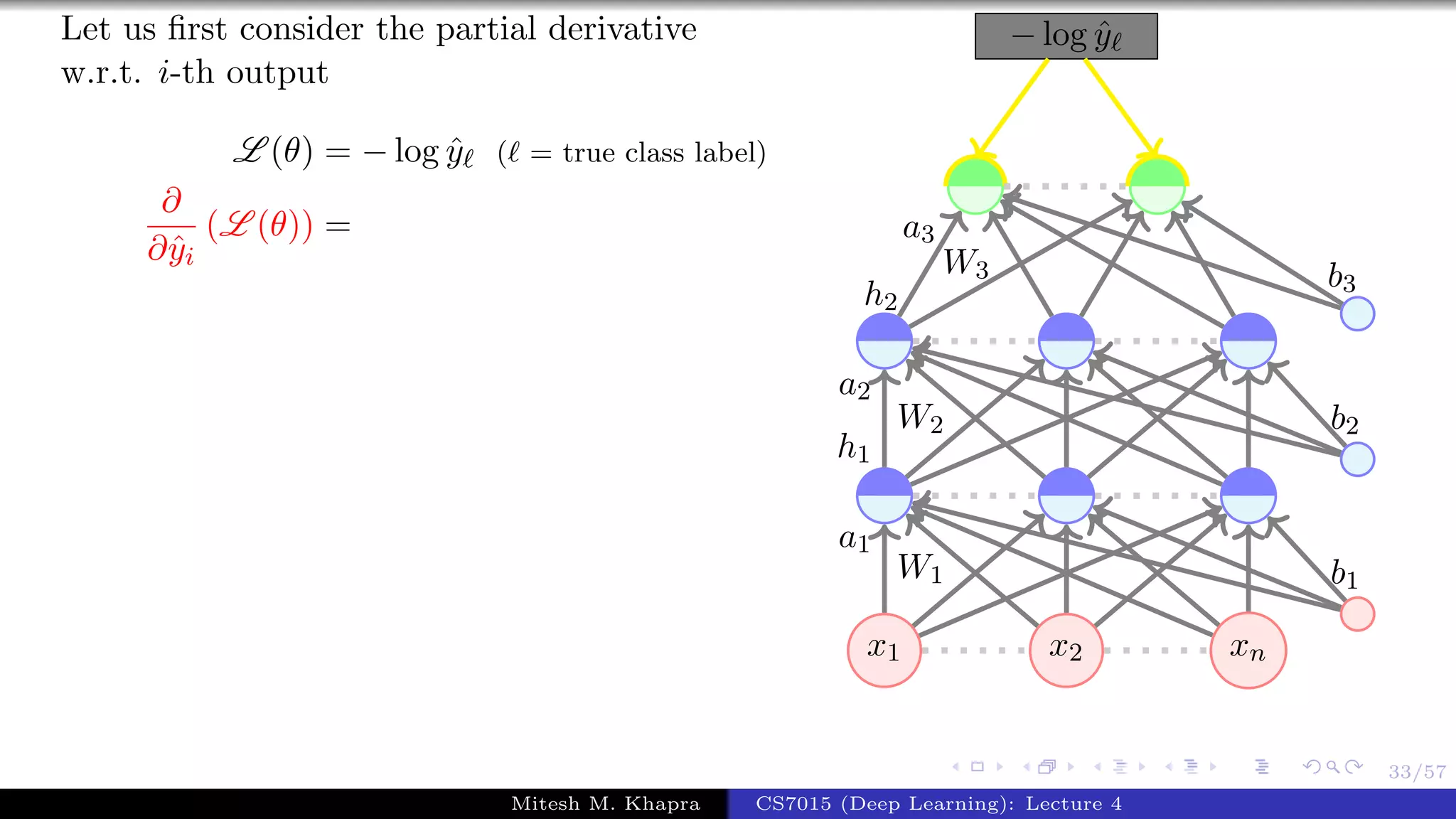 33/57
Let us ﬁrst consider the partial derivative
w.r.t. i-th output
L (θ) = − log ˆy ( = true class label)
∂
∂ˆyi
(L (θ)) =
x1 x2 xn
− log ˆy
W1
a1
W2
a2
h1
W3
a3
h2
b1
b2
b3
Mitesh M. Khapra CS7015 (Deep Learning): Lecture 4
 