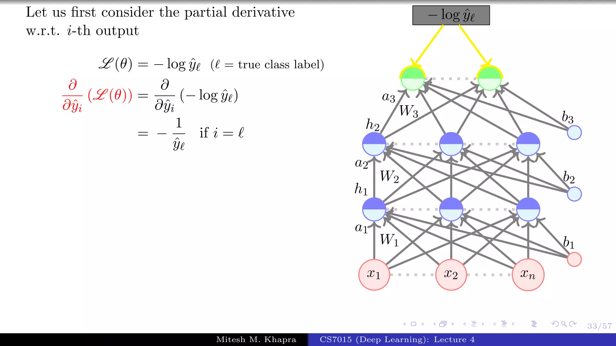 33/57
Let us ﬁrst consider the partial derivative
w.r.t. i-th output
L (θ) = − log ˆy ( = true class label)
∂
∂ˆyi
(L (θ)) =
∂
∂ˆyi
(− log ˆy )
= −
1
ˆy
if i =
x1 x2 xn
− log ˆy
W1
a1
W2
a2
h1
W3
a3
h2
b1
b2
b3
Mitesh M. Khapra CS7015 (Deep Learning): Lecture 4
 