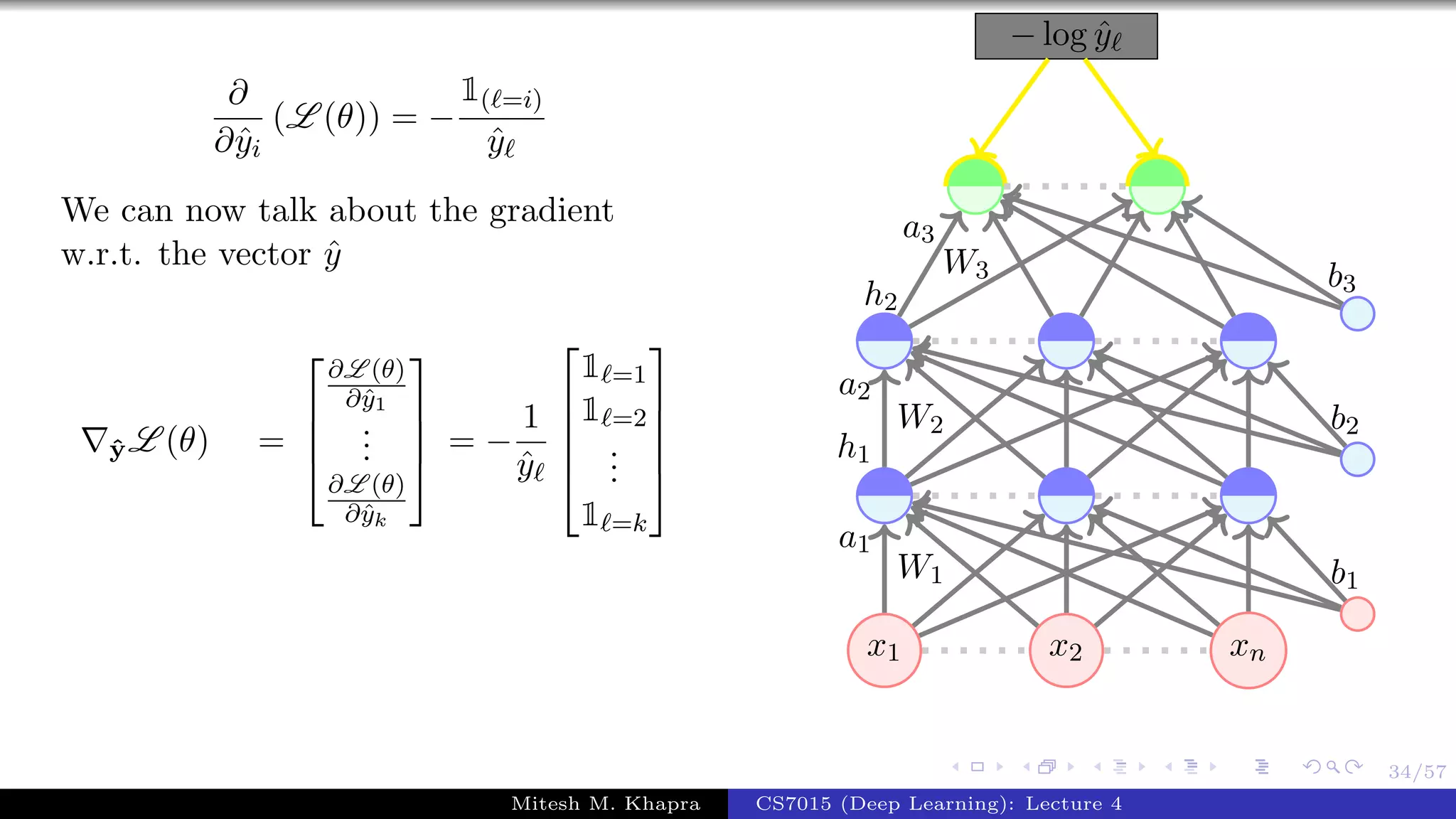 34/57
∂
∂ˆyi
(L (θ)) = −
1( =i)
ˆy
We can now talk about the gradient
w.r.t. the vector ˆy
ˆyL (θ) =




∂L (θ)
∂ˆy1
...
∂L (θ)
∂ˆyk



 = −
1
ˆy





1 =1
1 =2
...
1 =k





x1 x2 xn
− log ˆy
W1
a1
W2
a2
h1
W3
a3
h2
b1
b2
b3
Mitesh M. Khapra CS7015 (Deep Learning): Lecture 4
 