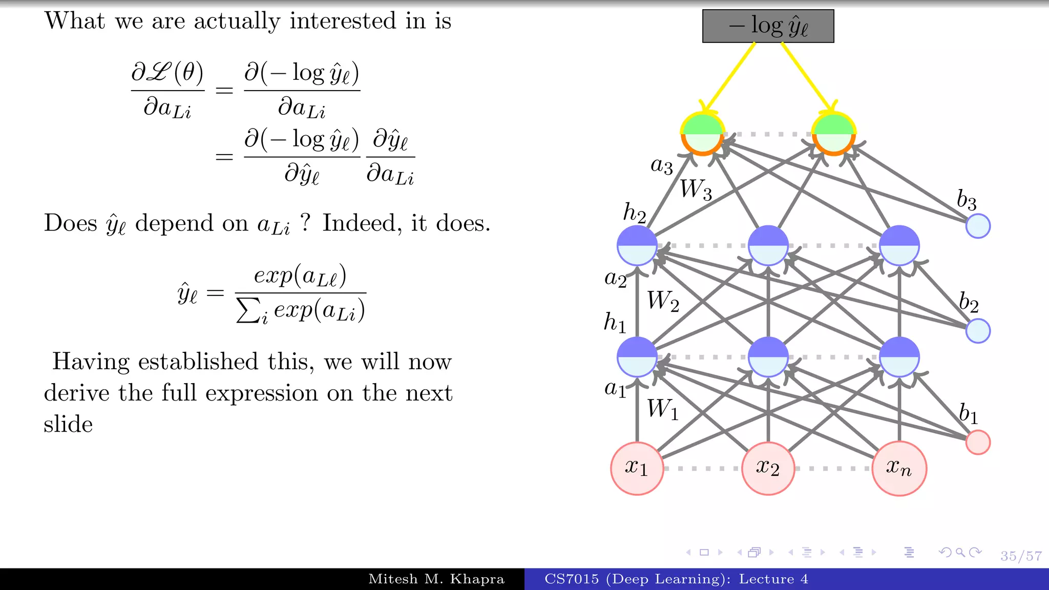 35/57
What we are actually interested in is
∂L (θ)
∂aLi
=
∂(− log ˆy )
∂aLi
=
∂(− log ˆy )
∂ˆy
∂ˆy
∂aLi
Does ˆy depend on aLi ? Indeed, it does.
ˆy =
exp(aL )
i exp(aLi)
Having established this, we will now
derive the full expression on the next
slide
x1 x2 xn
− log ˆy
W1
a1
W2
a2
h1
W3
a3
h2
b1
b2
b3
Mitesh M. Khapra CS7015 (Deep Learning): Lecture 4
 