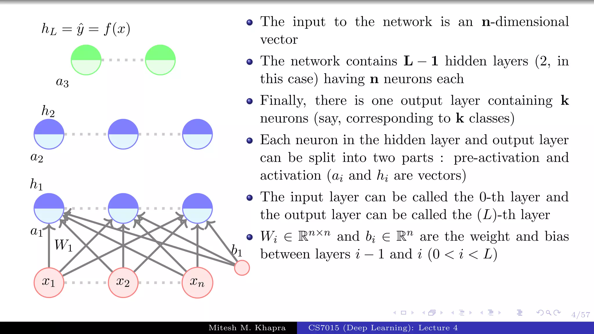4/57
x1 x2 xn
a1
a2
a3
h1
h2
hL = ˆy = f(x)
W1 b1
The input to the network is an n-dimensional
vector
The network contains L − 1 hidden layers (2, in
this case) having n neurons each
Finally, there is one output layer containing k
neurons (say, corresponding to k classes)
Each neuron in the hidden layer and output layer
can be split into two parts : pre-activation and
activation (ai and hi are vectors)
The input layer can be called the 0-th layer and
the output layer can be called the (L)-th layer
Wi ∈ Rn×n and bi ∈ Rn are the weight and bias
between layers i − 1 and i (0 < i < L)
Mitesh M. Khapra CS7015 (Deep Learning): Lecture 4
 