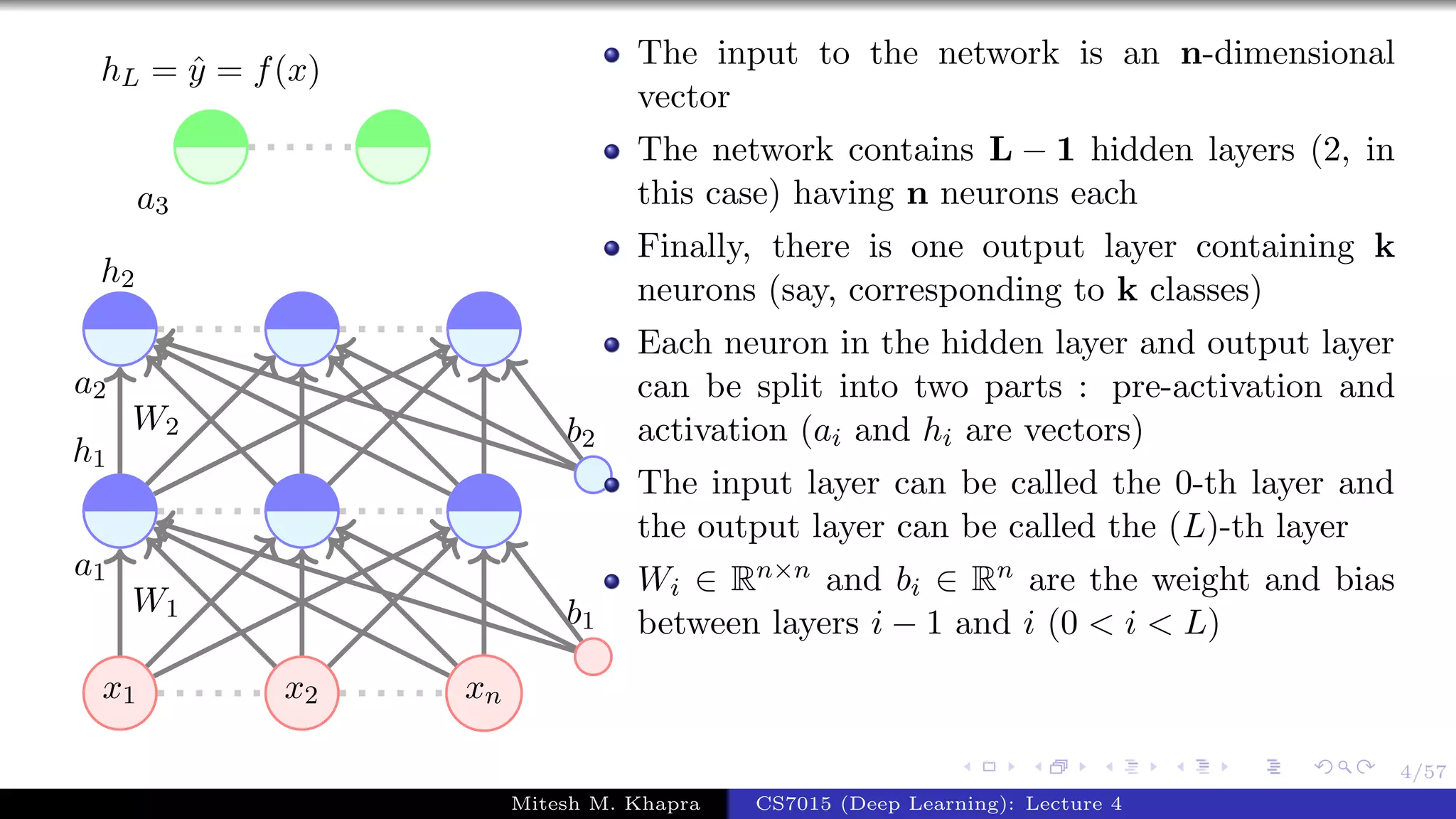 4/57
x1 x2 xn
a1
a2
a3
h1
h2
hL = ˆy = f(x)
W1 b1
W2 b2
The input to the network is an n-dimensional
vector
The network contains L − 1 hidden layers (2, in
this case) having n neurons each
Finally, there is one output layer containing k
neurons (say, corresponding to k classes)
Each neuron in the hidden layer and output layer
can be split into two parts : pre-activation and
activation (ai and hi are vectors)
The input layer can be called the 0-th layer and
the output layer can be called the (L)-th layer
Wi ∈ Rn×n and bi ∈ Rn are the weight and bias
between layers i − 1 and i (0 < i < L)
Mitesh M. Khapra CS7015 (Deep Learning): Lecture 4
 