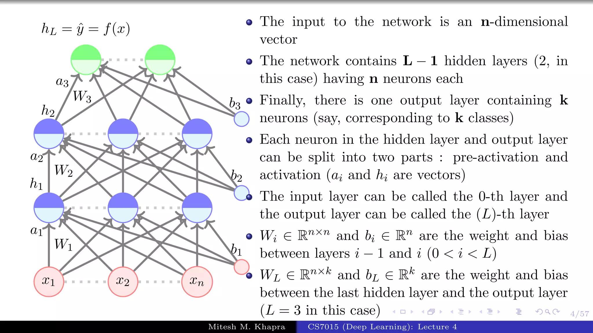 4/57
x1 x2 xn
a1
a2
a3
h1
h2
hL = ˆy = f(x)
W1 b1
W2 b2
W3 b3
The input to the network is an n-dimensional
vector
The network contains L − 1 hidden layers (2, in
this case) having n neurons each
Finally, there is one output layer containing k
neurons (say, corresponding to k classes)
Each neuron in the hidden layer and output layer
can be split into two parts : pre-activation and
activation (ai and hi are vectors)
The input layer can be called the 0-th layer and
the output layer can be called the (L)-th layer
Wi ∈ Rn×n and bi ∈ Rn are the weight and bias
between layers i − 1 and i (0 < i < L)
WL ∈ Rn×k and bL ∈ Rk are the weight and bias
between the last hidden layer and the output layer
(L = 3 in this case)
Mitesh M. Khapra CS7015 (Deep Learning): Lecture 4
 
