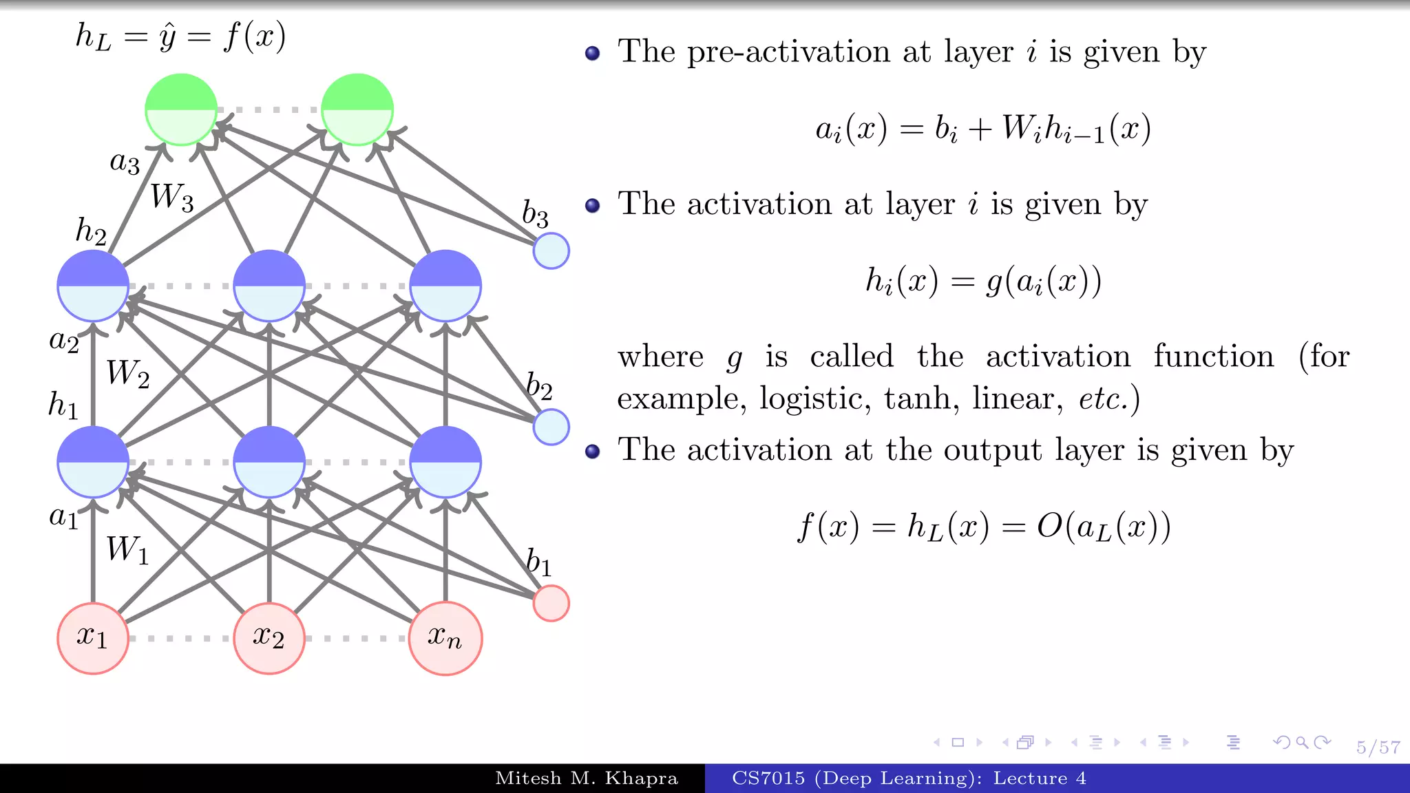 5/57
x1 x2 xn
W1
a1
W2
a2
h1
W3
a3
h2
b1
b2
b3
hL = ˆy = f(x) The pre-activation at layer i is given by
ai(x) = bi + Wihi−1(x)
The activation at layer i is given by
hi(x) = g(ai(x))
where g is called the activation function (for
example, logistic, tanh, linear, etc.)
The activation at the output layer is given by
f(x) = hL(x) = O(aL(x))
Mitesh M. Khapra CS7015 (Deep Learning): Lecture 4
 