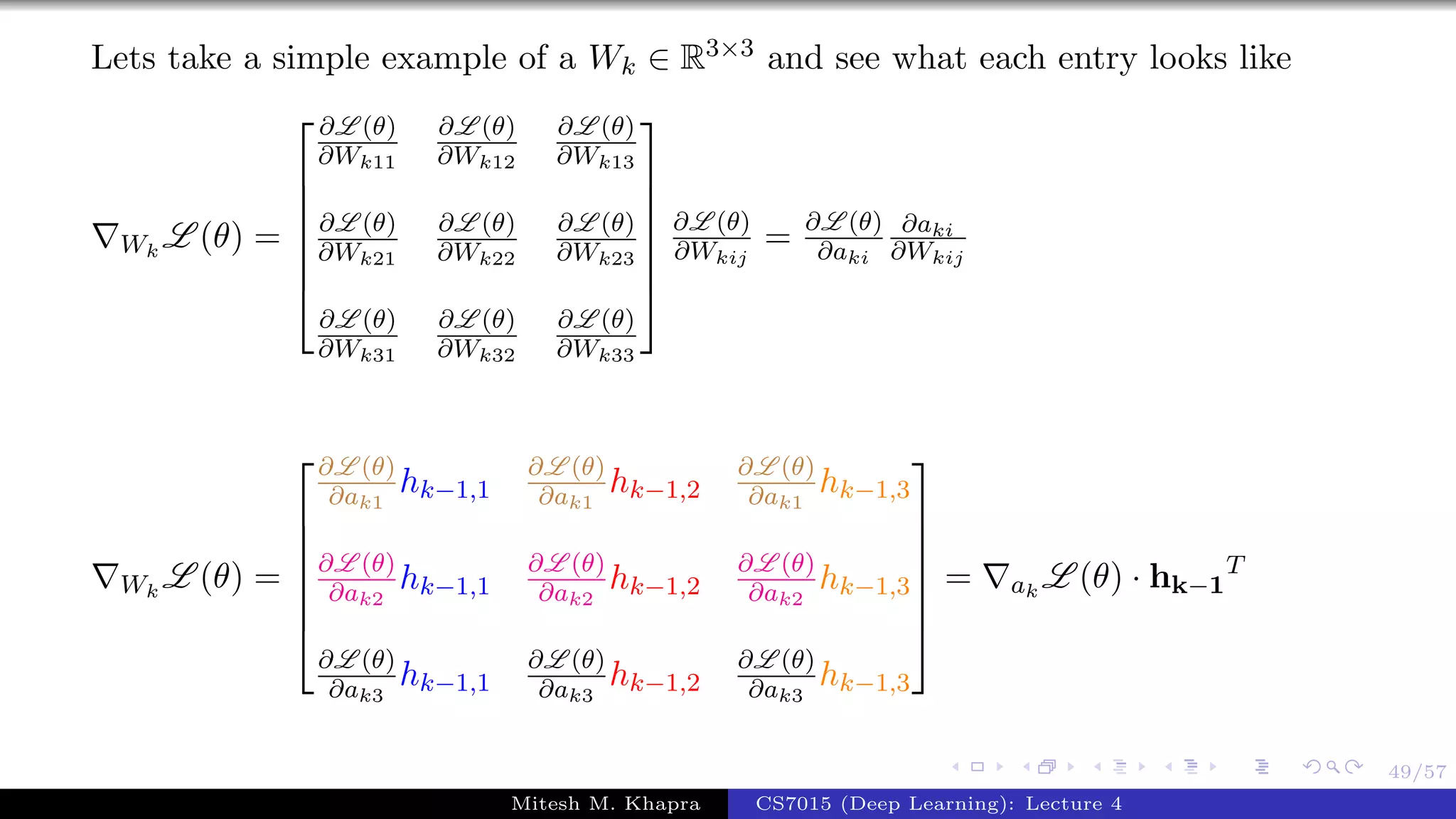 49/57
Lets take a simple example of a Wk ∈ R3×3 and see what each entry looks like
Wk
L (θ) =







∂L (θ)
∂Wk11
∂L (θ)
∂Wk12
∂L (θ)
∂Wk13
∂L (θ)
∂Wk21
∂L (θ)
∂Wk22
∂L (θ)
∂Wk23
∂L (θ)
∂Wk31
∂L (θ)
∂Wk32
∂L (θ)
∂Wk33







∂L (θ)
∂Wkij
= ∂L (θ)
∂aki
∂aki
∂Wkij
Wk
L (θ) =







∂L (θ)
∂ak1
hk−1,1
∂L (θ)
∂ak1
hk−1,2
∂L (θ)
∂ak1
hk−1,3
∂L (θ)
∂ak2
hk−1,1
∂L (θ)
∂ak2
hk−1,2
∂L (θ)
∂ak2
hk−1,3
∂L (θ)
∂ak3
hk−1,1
∂L (θ)
∂ak3
hk−1,2
∂L (θ)
∂ak3
hk−1,3







= ak
L (θ) · hk−1
T
Mitesh M. Khapra CS7015 (Deep Learning): Lecture 4
 