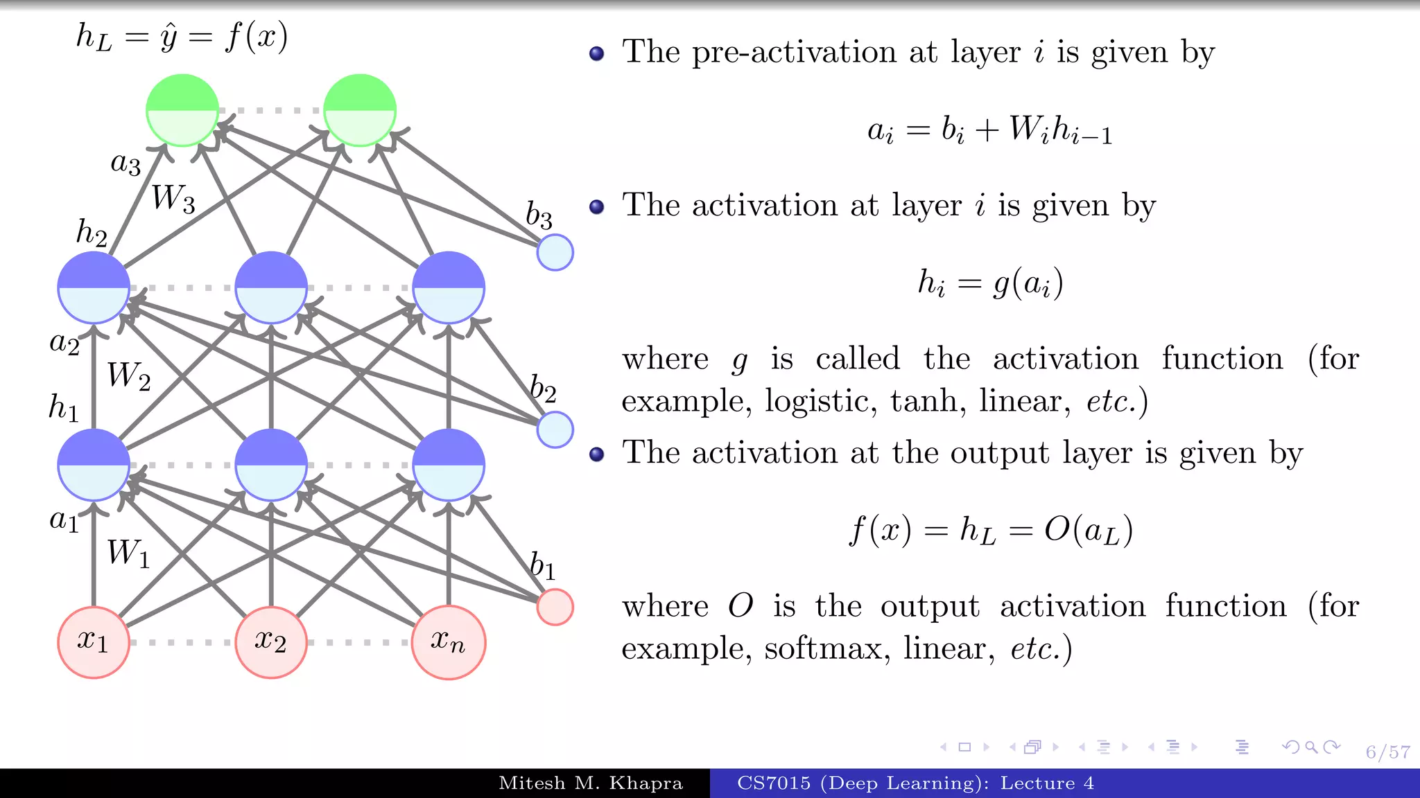6/57
x1 x2 xn
W1
a1
W2
a2
h1
W3
a3
h2
b1
b2
b3
hL = ˆy = f(x) The pre-activation at layer i is given by
ai = bi + Wihi−1
The activation at layer i is given by
hi = g(ai)
where g is called the activation function (for
example, logistic, tanh, linear, etc.)
The activation at the output layer is given by
f(x) = hL = O(aL)
where O is the output activation function (for
example, softmax, linear, etc.)
Mitesh M. Khapra CS7015 (Deep Learning): Lecture 4
 
