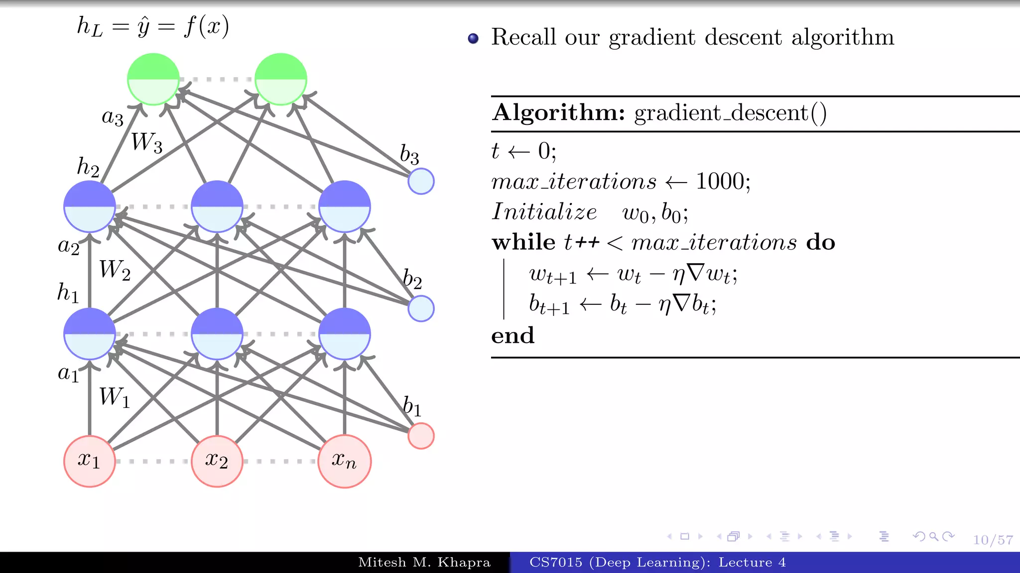 10/57
x1 x2 xn
W1
a1
W2
a2
h1
W3
a3
h2
b1
b2
b3
hL = ˆy = f(x) Recall our gradient descent algorithm
Algorithm: gradient descent()
t ← 0;
max iterations ← 1000;
Initialize w0, b0;
while t++ < max iterations do
wt+1 ← wt − η wt;
bt+1 ← bt − η bt;
end
Mitesh M. Khapra CS7015 (Deep Learning): Lecture 4
 