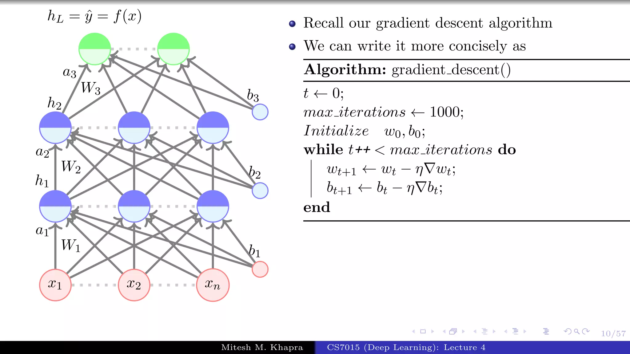 10/57
x1 x2 xn
W1
a1
W2
a2
h1
W3
a3
h2
b1
b2
b3
hL = ˆy = f(x) Recall our gradient descent algorithm
We can write it more concisely as
Algorithm: gradient descent()
t ← 0;
max iterations ← 1000;
Initialize w0, b0;
while t++ < max iterations do
wt+1 ← wt − η wt;
bt+1 ← bt − η bt;
end
Mitesh M. Khapra CS7015 (Deep Learning): Lecture 4
 
