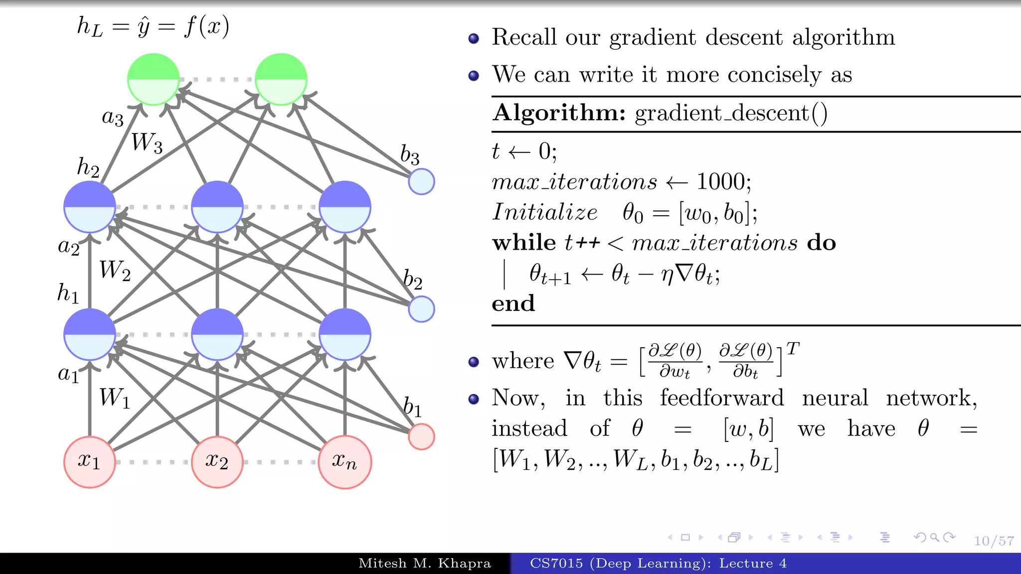 10/57
x1 x2 xn
W1
a1
W2
a2
h1
W3
a3
h2
b1
b2
b3
hL = ˆy = f(x) Recall our gradient descent algorithm
We can write it more concisely as
Algorithm: gradient descent()
t ← 0;
max iterations ← 1000;
Initialize θ0 = [w0, b0];
while t++ < max iterations do
θt+1 ← θt − η θt;
end
where θt = ∂L (θ)
∂wt
, ∂L (θ)
∂bt
T
Now, in this feedforward neural network,
instead of θ = [w, b] we have θ =
[W1, W2, .., WL, b1, b2, .., bL]
Mitesh M. Khapra CS7015 (Deep Learning): Lecture 4
 