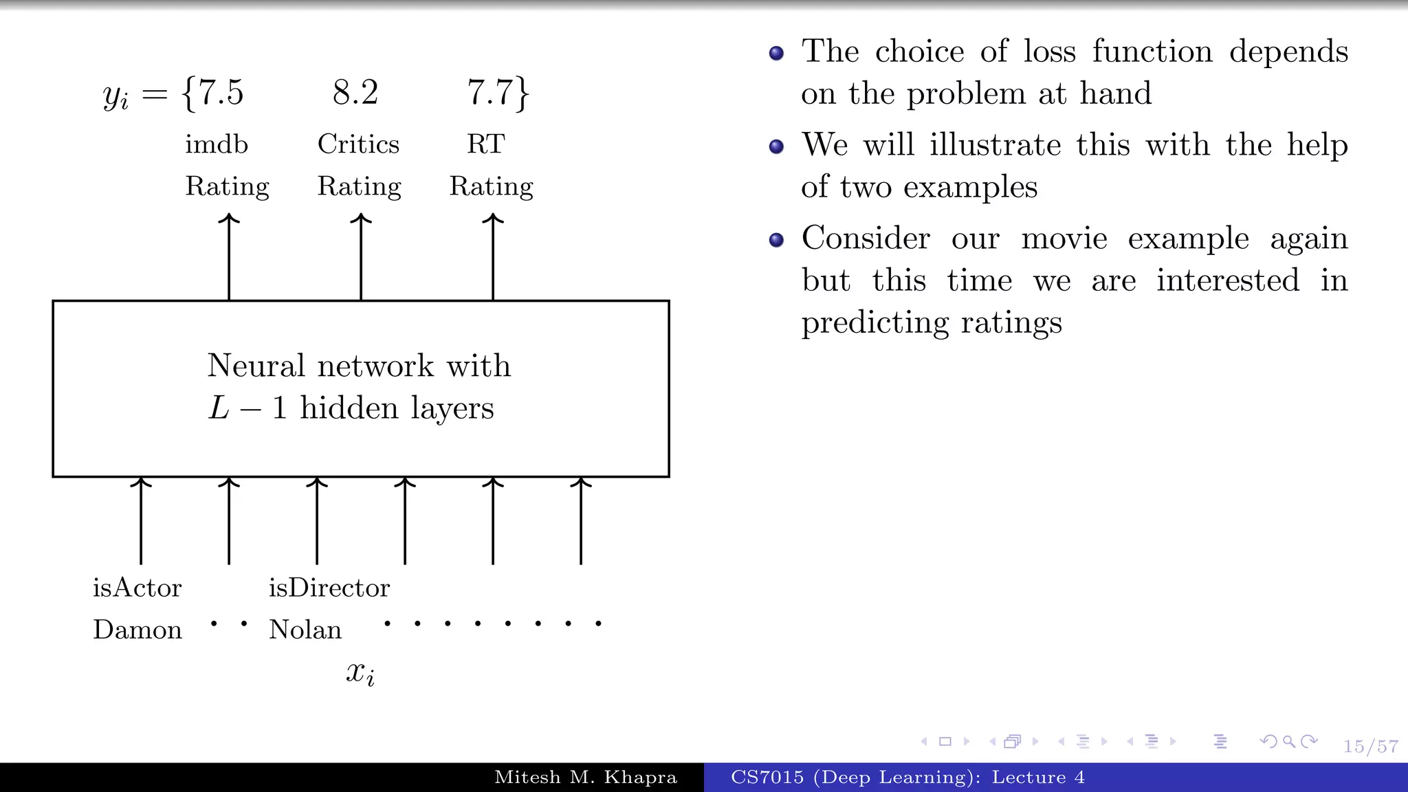 15/57
Neural network with
L − 1 hidden layers
isActor
Damon
isDirector
Nolan
Critics
Rating
imdb
Rating
RT
Rating
. . . . . . . . . .
xi
yi = {7.5 8.2 7.7}
The choice of loss function depends
on the problem at hand
We will illustrate this with the help
of two examples
Consider our movie example again
but this time we are interested in
predicting ratings
Mitesh M. Khapra CS7015 (Deep Learning): Lecture 4
 