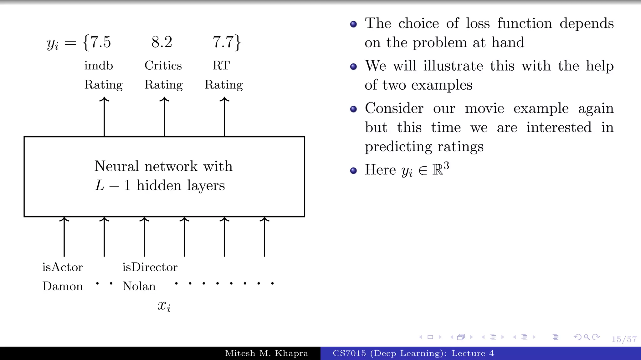 15/57
Neural network with
L − 1 hidden layers
isActor
Damon
isDirector
Nolan
Critics
Rating
imdb
Rating
RT
Rating
. . . . . . . . . .
xi
yi = {7.5 8.2 7.7}
The choice of loss function depends
on the problem at hand
We will illustrate this with the help
of two examples
Consider our movie example again
but this time we are interested in
predicting ratings
Here yi ∈ R3
Mitesh M. Khapra CS7015 (Deep Learning): Lecture 4
 