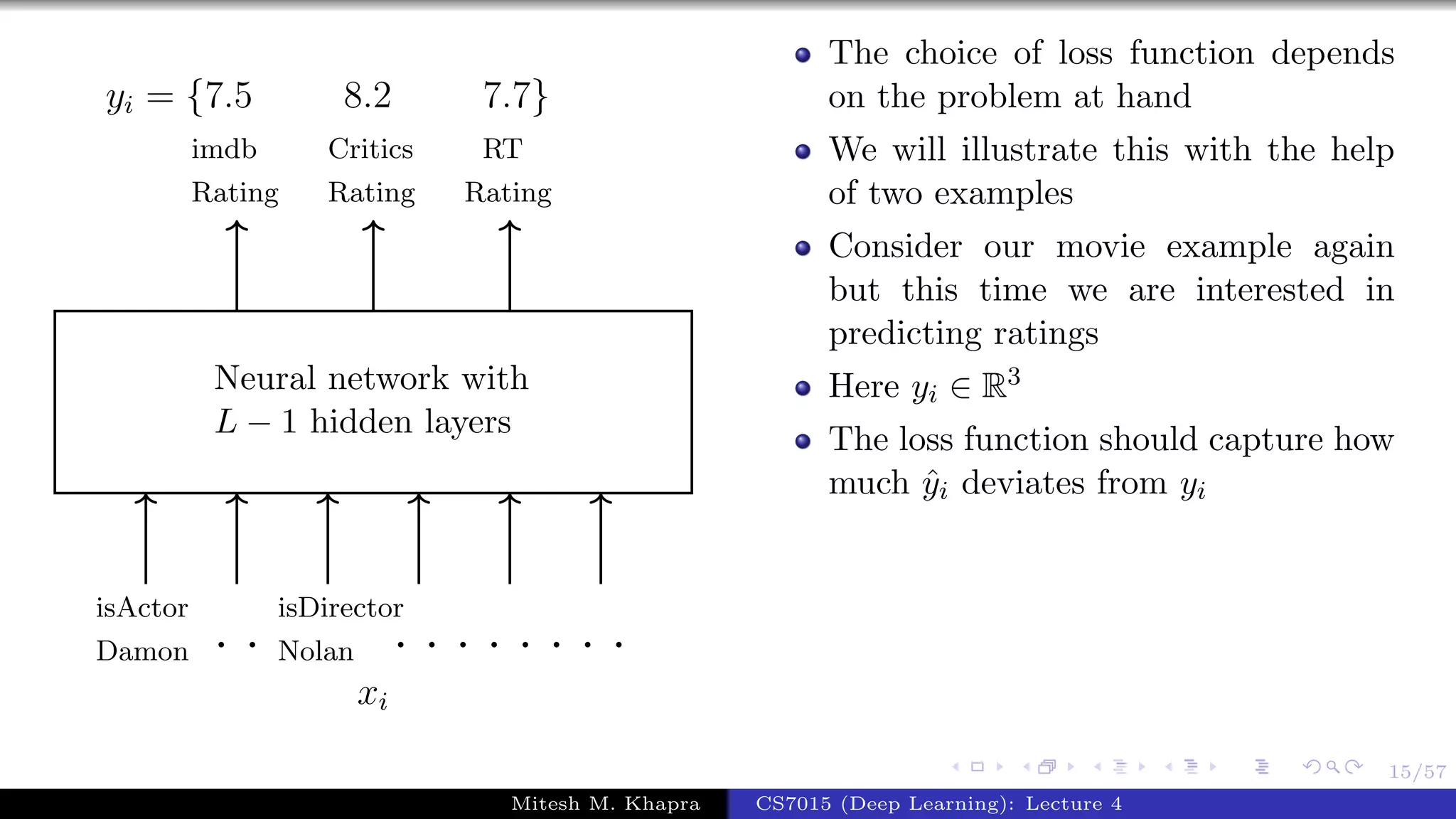15/57
Neural network with
L − 1 hidden layers
isActor
Damon
isDirector
Nolan
Critics
Rating
imdb
Rating
RT
Rating
. . . . . . . . . .
xi
yi = {7.5 8.2 7.7}
The choice of loss function depends
on the problem at hand
We will illustrate this with the help
of two examples
Consider our movie example again
but this time we are interested in
predicting ratings
Here yi ∈ R3
The loss function should capture how
much ˆyi deviates from yi
Mitesh M. Khapra CS7015 (Deep Learning): Lecture 4
 