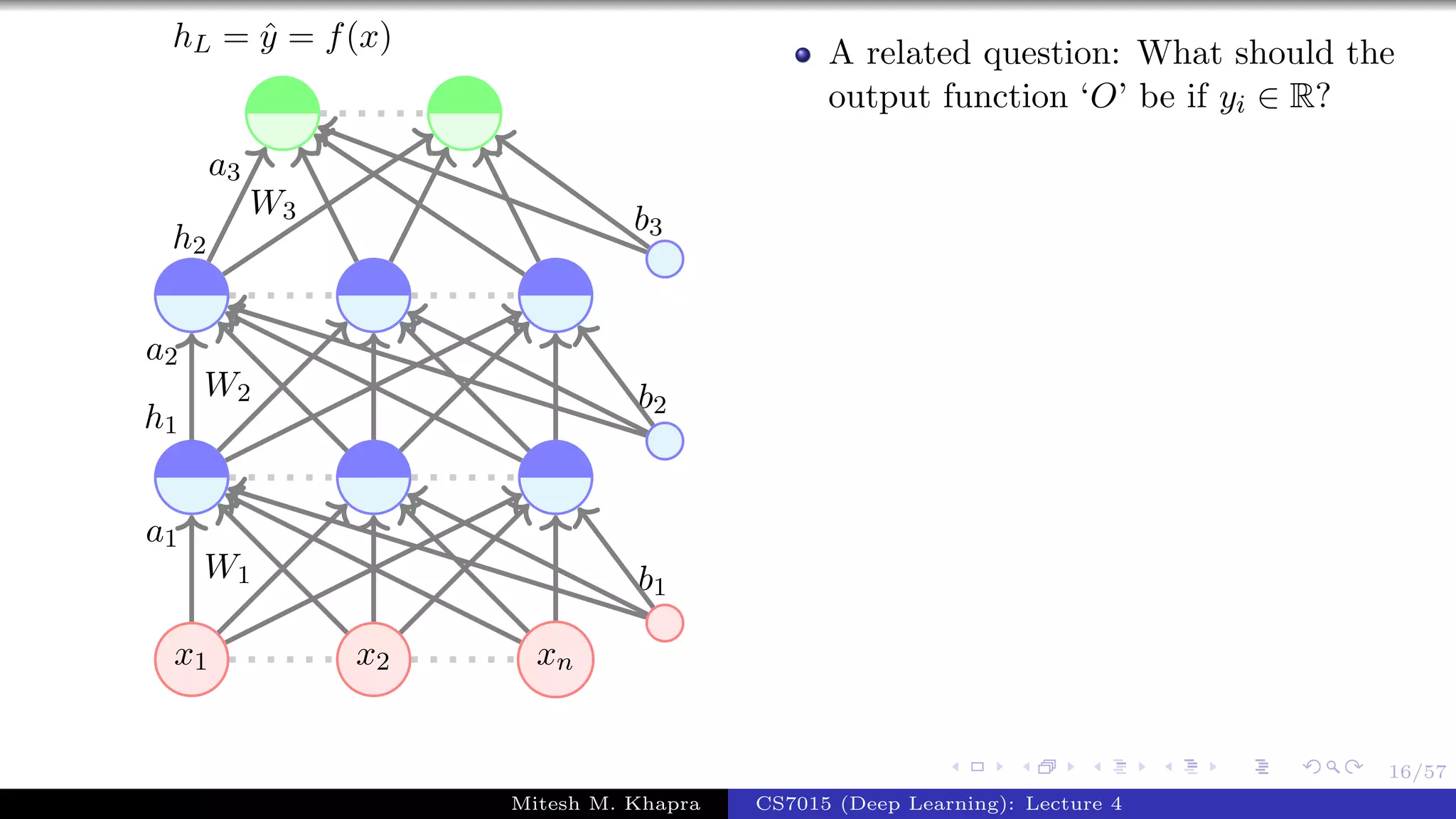 16/57
x1 x2 xn
W1
a1
W2
a2
h1
W3
a3
h2
b1
b2
b3
hL = ˆy = f(x) A related question: What should the
output function ‘O’ be if yi ∈ R?
Mitesh M. Khapra CS7015 (Deep Learning): Lecture 4
 