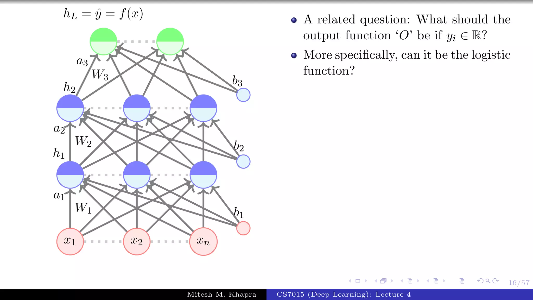 16/57
x1 x2 xn
W1
a1
W2
a2
h1
W3
a3
h2
b1
b2
b3
hL = ˆy = f(x) A related question: What should the
output function ‘O’ be if yi ∈ R?
More speciﬁcally, can it be the logistic
function?
Mitesh M. Khapra CS7015 (Deep Learning): Lecture 4
 