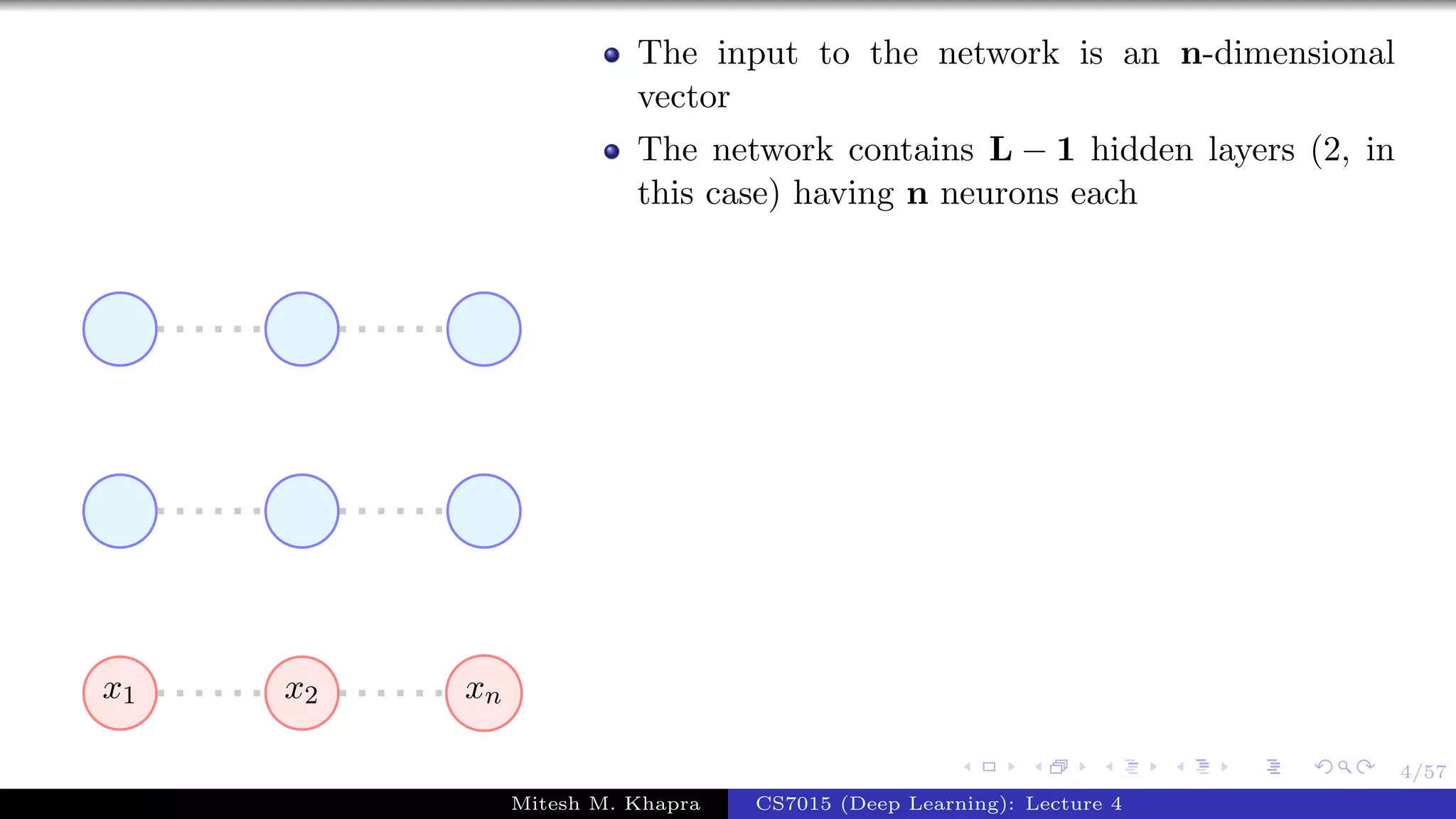 4/57
x1 x2 xn
The input to the network is an n-dimensional
vector
The network contains L − 1 hidden layers (2, in
this case) having n neurons each
Mitesh M. Khapra CS7015 (Deep Learning): Lecture 4
 