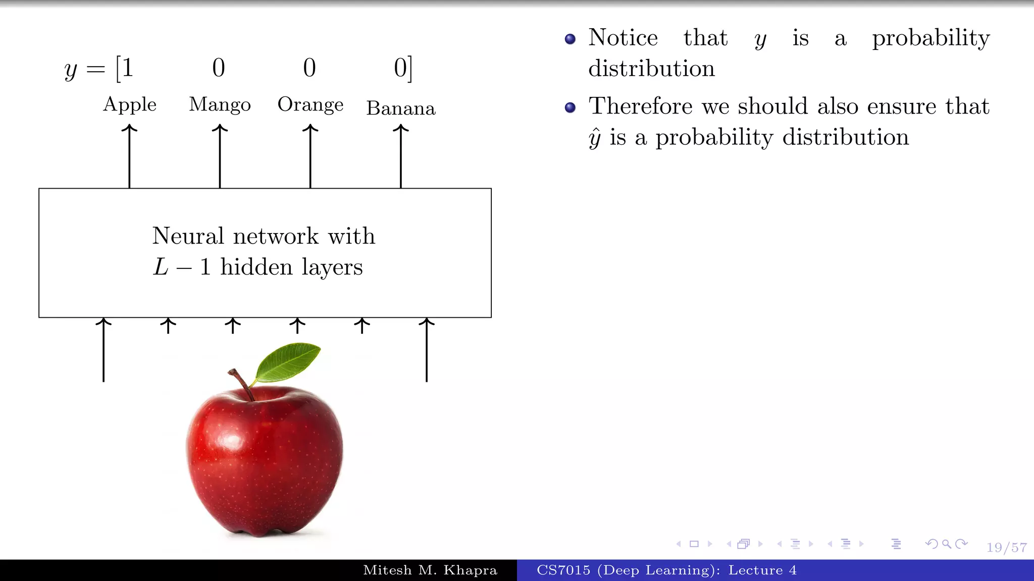 19/57
Neural network with
L − 1 hidden layers
Apple Mango Orange Banana
y = [1 0 0 0]
Notice that y is a probability
distribution
Therefore we should also ensure that
ˆy is a probability distribution
Mitesh M. Khapra CS7015 (Deep Learning): Lecture 4
 
