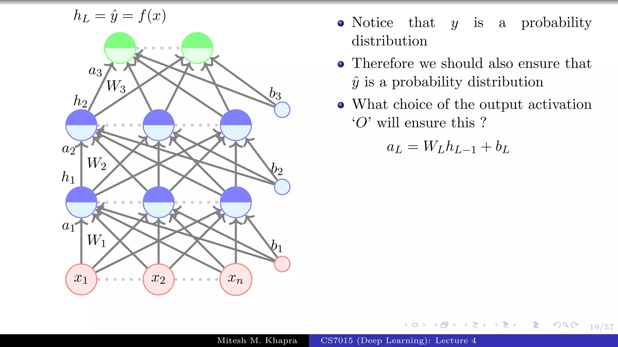 19/57
x1 x2 xn
W1
a1
W2
a2
h1
W3
a3
h2
b1
b2
b3
hL = ˆy = f(x) Notice that y is a probability
distribution
Therefore we should also ensure that
ˆy is a probability distribution
What choice of the output activation
‘O’ will ensure this ?
aL = WLhL−1 + bL
Mitesh M. Khapra CS7015 (Deep Learning): Lecture 4
 