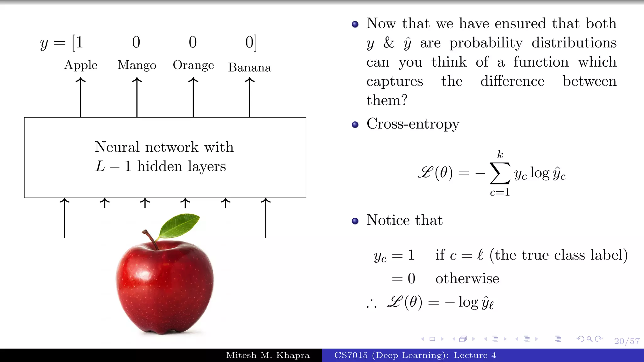 20/57
Neural network with
L − 1 hidden layers
Apple Mango Orange Banana
y = [1 0 0 0]
Now that we have ensured that both
y & ˆy are probability distributions
can you think of a function which
captures the diﬀerence between
them?
Cross-entropy
L (θ) = −
k
c=1
yc log ˆyc
Notice that
yc = 1 if c = (the true class label)
= 0 otherwise
∴ L (θ) = − log ˆy
Mitesh M. Khapra CS7015 (Deep Learning): Lecture 4
 