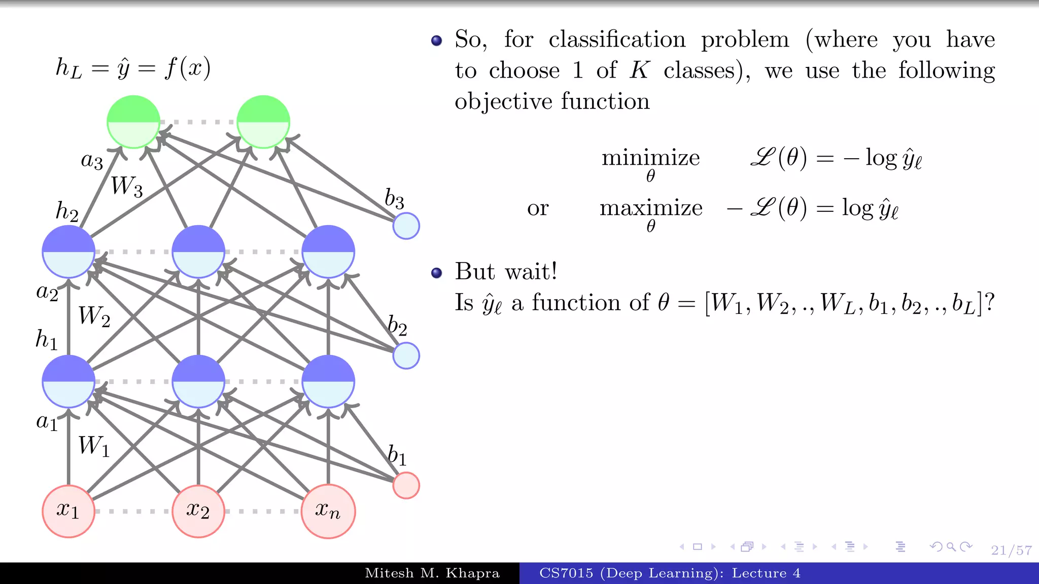 21/57
x1 x2 xn
W1
a1
W2
a2
h1
W3
a3
h2
b1
b2
b3
hL = ˆy = f(x)
So, for classiﬁcation problem (where you have
to choose 1 of K classes), we use the following
objective function
minimize
θ
L (θ) = − log ˆy
or maximize
θ
− L (θ) = log ˆy
But wait!
Is ˆy a function of θ = [W1, W2, ., WL, b1, b2, ., bL]?
Mitesh M. Khapra CS7015 (Deep Learning): Lecture 4
 