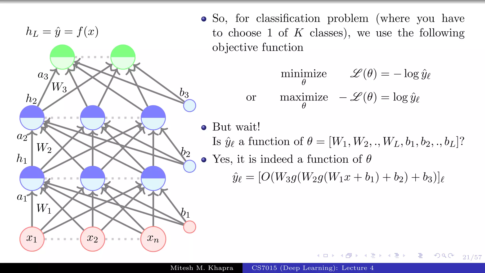 21/57
x1 x2 xn
W1
a1
W2
a2
h1
W3
a3
h2
b1
b2
b3
hL = ˆy = f(x)
So, for classiﬁcation problem (where you have
to choose 1 of K classes), we use the following
objective function
minimize
θ
L (θ) = − log ˆy
or maximize
θ
− L (θ) = log ˆy
But wait!
Is ˆy a function of θ = [W1, W2, ., WL, b1, b2, ., bL]?
Yes, it is indeed a function of θ
ˆy = [O(W3g(W2g(W1x + b1) + b2) + b3)]
Mitesh M. Khapra CS7015 (Deep Learning): Lecture 4
 
