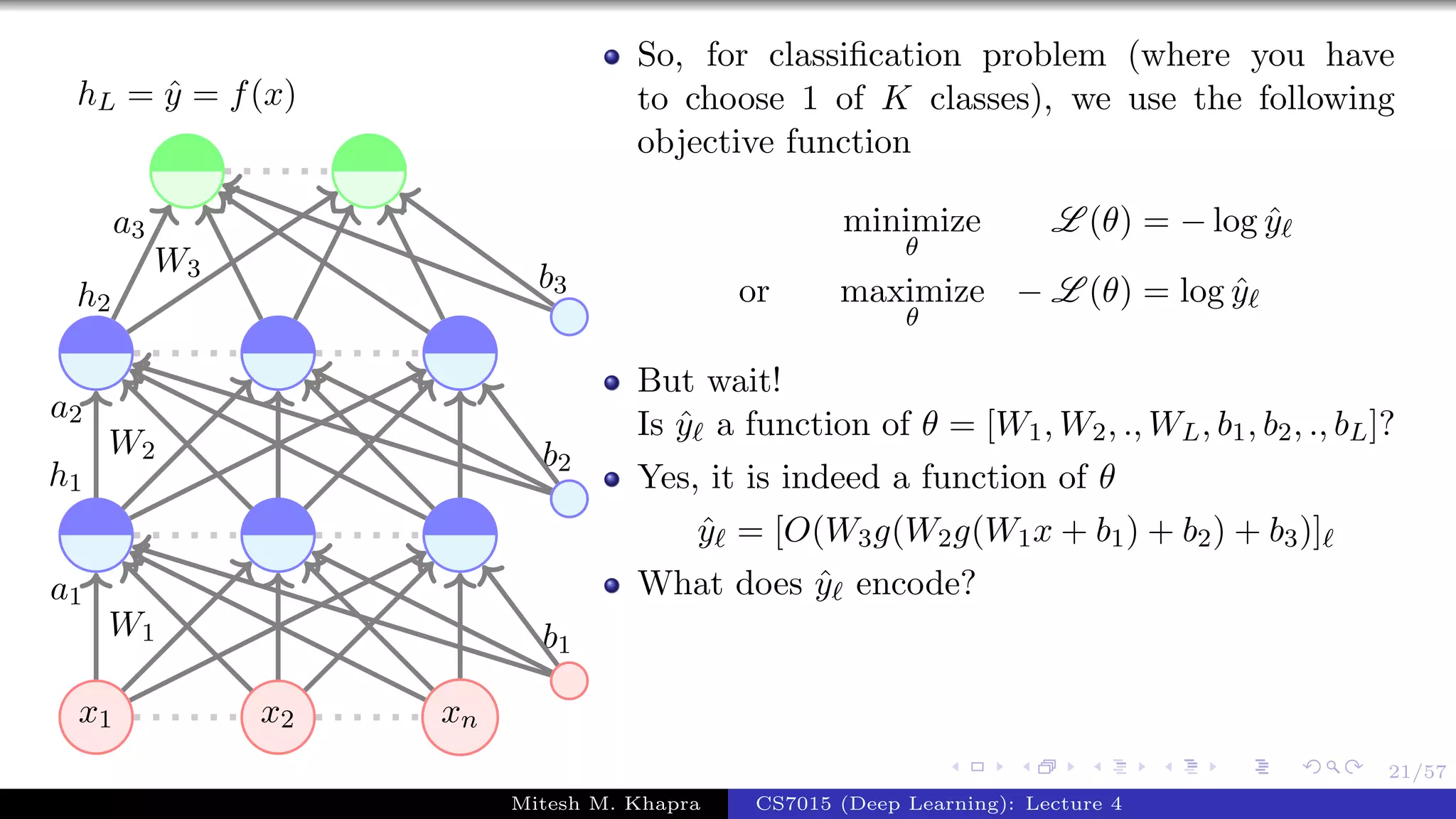 21/57
x1 x2 xn
W1
a1
W2
a2
h1
W3
a3
h2
b1
b2
b3
hL = ˆy = f(x)
So, for classiﬁcation problem (where you have
to choose 1 of K classes), we use the following
objective function
minimize
θ
L (θ) = − log ˆy
or maximize
θ
− L (θ) = log ˆy
But wait!
Is ˆy a function of θ = [W1, W2, ., WL, b1, b2, ., bL]?
Yes, it is indeed a function of θ
ˆy = [O(W3g(W2g(W1x + b1) + b2) + b3)]
What does ˆy encode?
Mitesh M. Khapra CS7015 (Deep Learning): Lecture 4
 