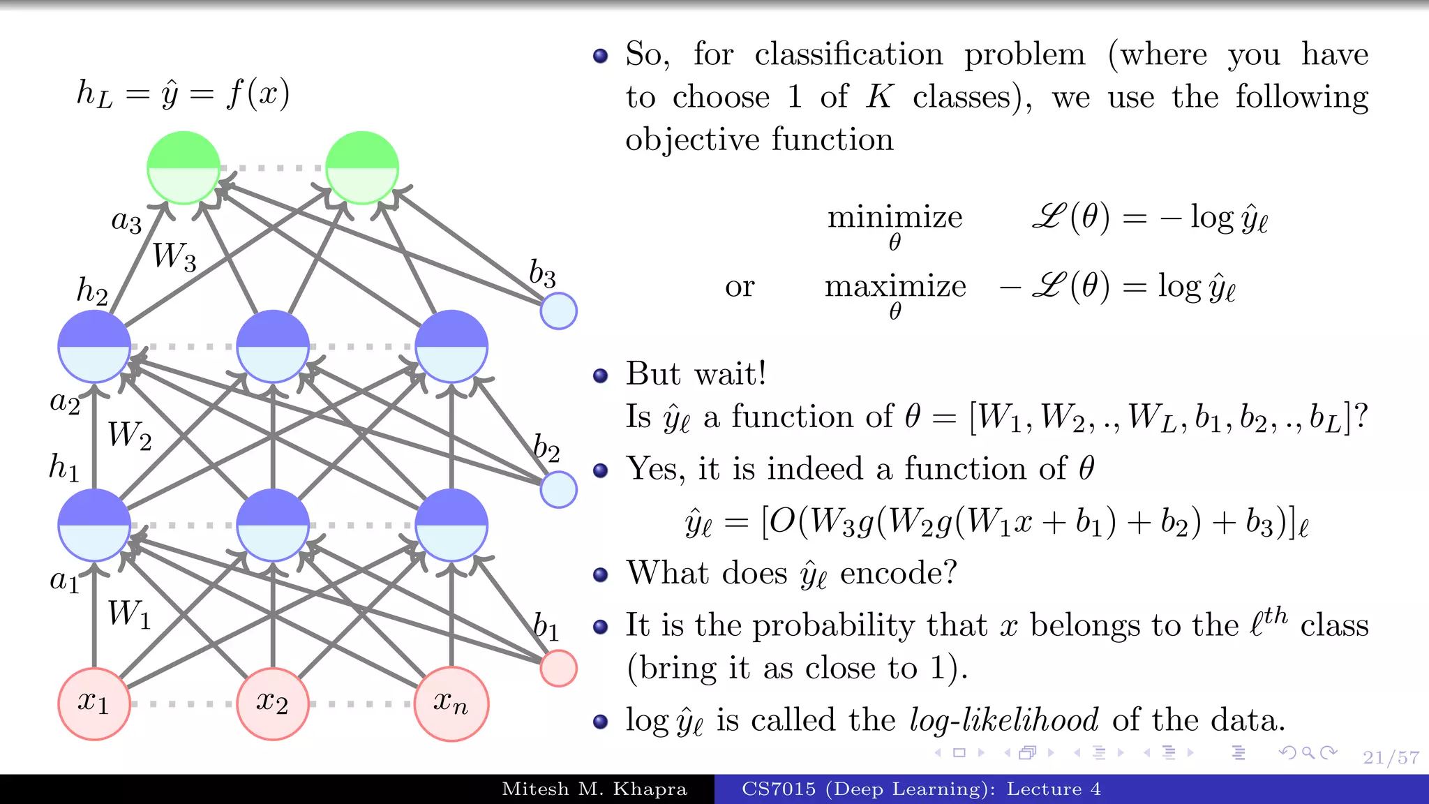 21/57
x1 x2 xn
W1
a1
W2
a2
h1
W3
a3
h2
b1
b2
b3
hL = ˆy = f(x)
So, for classiﬁcation problem (where you have
to choose 1 of K classes), we use the following
objective function
minimize
θ
L (θ) = − log ˆy
or maximize
θ
− L (θ) = log ˆy
But wait!
Is ˆy a function of θ = [W1, W2, ., WL, b1, b2, ., bL]?
Yes, it is indeed a function of θ
ˆy = [O(W3g(W2g(W1x + b1) + b2) + b3)]
What does ˆy encode?
It is the probability that x belongs to the th class
(bring it as close to 1).
log ˆy is called the log-likelihood of the data.
Mitesh M. Khapra CS7015 (Deep Learning): Lecture 4
 