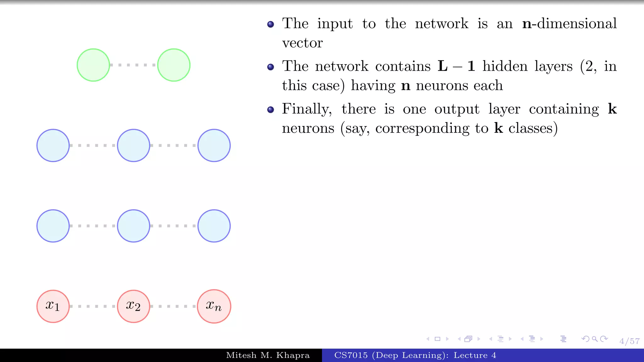 4/57
x1 x2 xn
The input to the network is an n-dimensional
vector
The network contains L − 1 hidden layers (2, in
this case) having n neurons each
Finally, there is one output layer containing k
neurons (say, corresponding to k classes)
Mitesh M. Khapra CS7015 (Deep Learning): Lecture 4
 