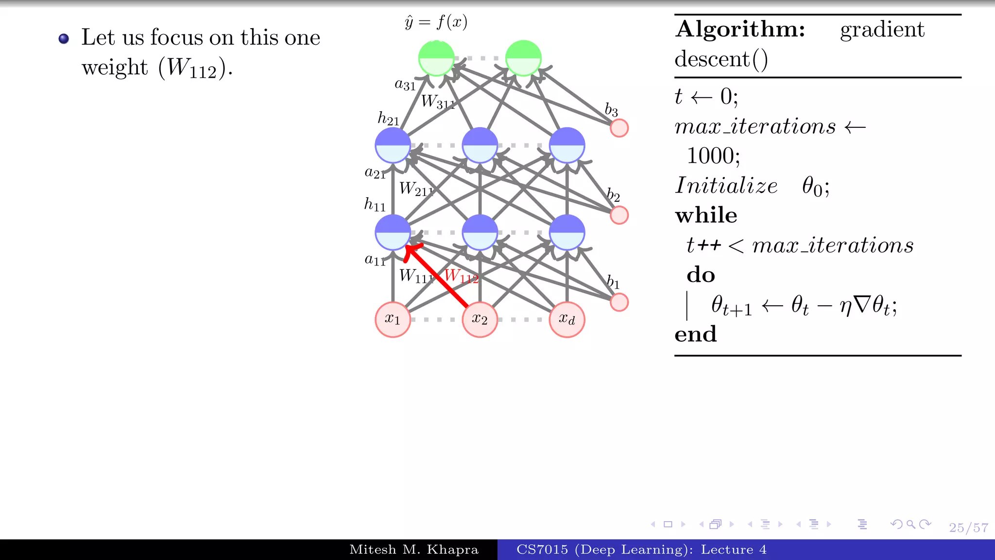 25/57
Let us focus on this one
weight (W112).
x1 x2 xd
W111
a11
W211
a21
h11
W311
a31
h21
b1
b2
b3
ˆy = f(x)
W112
Algorithm: gradient
descent()
t ← 0;
max iterations ←
1000;
Initialize θ0;
while
t++ < max iterations
do
θt+1 ← θt − η θt;
end
Mitesh M. Khapra CS7015 (Deep Learning): Lecture 4
 