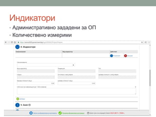 Индикатори
• Административно зададени за ОП
• Количествено измерими
 
