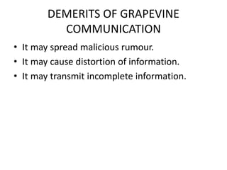 DEMERITS OF GRAPEVINE
COMMUNICATION
• It may spread malicious rumour.
• It may cause distortion of information.
• It may t...