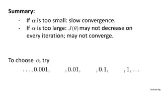 Andrew Ng
Summary:
- If is too small: slow convergence.
- If is too large: may not decrease on
every iteration; may not converge.
To choose , try
 