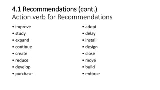 4.1 Recommendations (cont.)
Action verb for Recommendations
• improve
• study
• expand
• continue
• create
• reduce
• develop
• purchase
• adopt
• delay
• install
• design
• close
• move
• build
• enforce
 