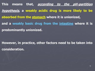 15
This means that, according to the pH-partition
hypothesis, a weakly acidic drug is more likely to be
absorbed from the stomach where it is unionized,
and a weakly basic drug from the intestine where it is
predominantly unionized.
However, in practice, other factors need to be taken into
consideration.
 