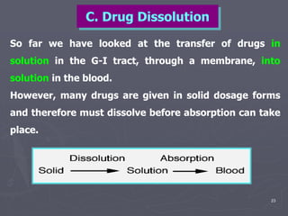 23
So far we have looked at the transfer of drugs in
solution in the G-I tract, through a membrane, into
solution in the blood.
However, many drugs are given in solid dosage forms
and therefore must dissolve before absorption can take
place.
C. Drug Dissolution
 