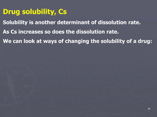 30
Drug solubility, Cs
Solubility is another determinant of dissolution rate.
As Cs increases so does the dissolution rate.
We can look at ways of changing the solubility of a drug:
 