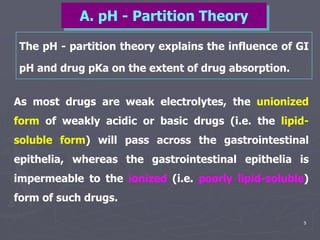 5
The pH - partition theory explains the influence of GI
pH and drug pKa on the extent of drug absorption.
A. pH - Partition Theory
As most drugs are weak electrolytes, the unionized
form of weakly acidic or basic drugs (i.e. the lipid-
soluble form) will pass across the gastrointestinal
epithelia, whereas the gastrointestinal epithelia is
impermeable to the ionized (i.e. poorly lipid-soluble)
form of such drugs.
 