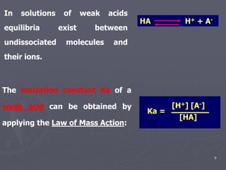 9
HA H+ + A-
Ka =
[H+] [A-]
[HA]
In solutions of weak acids
equilibria exist between
undissociated molecules and
their ions.
The ionization constant Ka of a
weak acid can be obtained by
applying the Law of Mass Action:
 