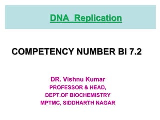 DNA Replication
DR. Vishnu Kumar
PROFESSOR & HEAD,
DEPT.OF BIOCHEMISTRY
MPTMC, SIDDHARTH NAGAR
COMPETENCY NUMBER BI 7.2
 