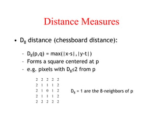 Distance Measures
• D8 distance (chessboard distance):
– D8(p,q) = max(|x-s|,|y-t|)
– Forms a square centered at p
– e.g. pixels with D8≤2 from p
2
2
2
2
2
2
1
1
1
2
2
1
0
1
2
2
1
1
1
2
2
2
2
2
2
D8 = 1 are the 8-neighbors of p
 