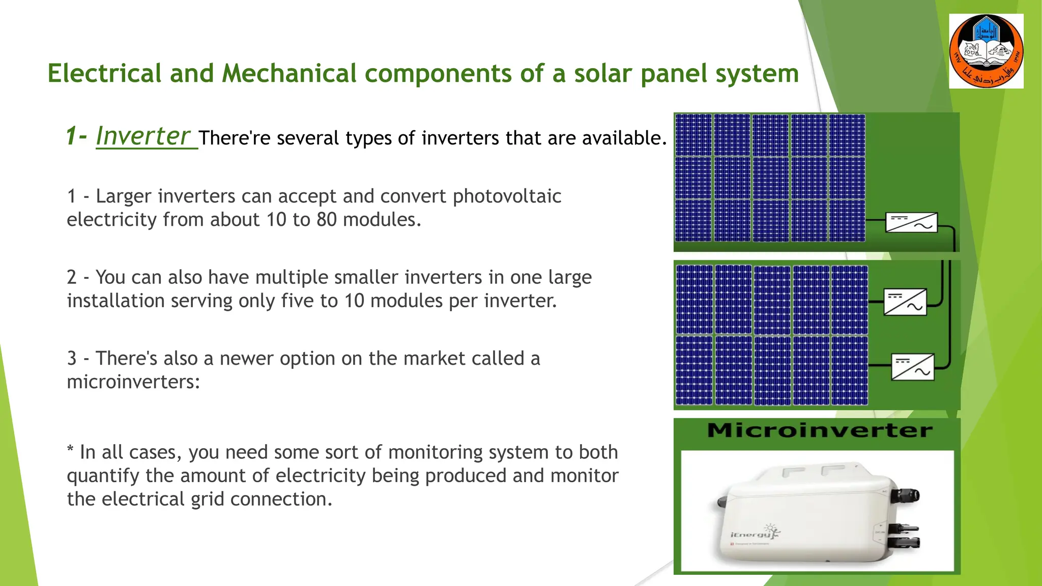 Electrical and Mechanical components of a solar panel system
1- Inverter There're several types of inverters that are available.
1 - Larger inverters can accept and convert photovoltaic
electricity from about 10 to 80 modules.
2 - You can also have multiple smaller inverters in one large
installation serving only five to 10 modules per inverter.
3 - There's also a newer option on the market called a
microinverters:
* In all cases, you need some sort of monitoring system to both
quantify the amount of electricity being produced and monitor
the electrical grid connection.
6
 