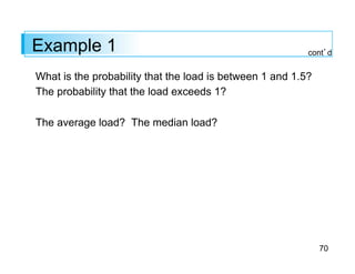 70
Example 1
What is the probability that the load is between 1 and 1.5?
The probability that the load exceeds 1?
The average load? The median load?
cont’d
 